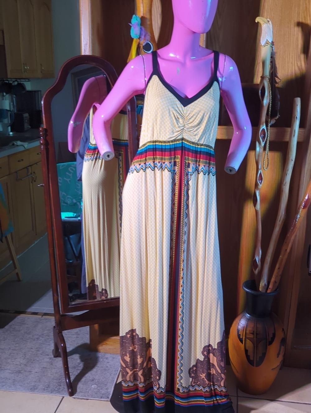 Soma Cream Maxi Dress with Multicolor Tribal Trim